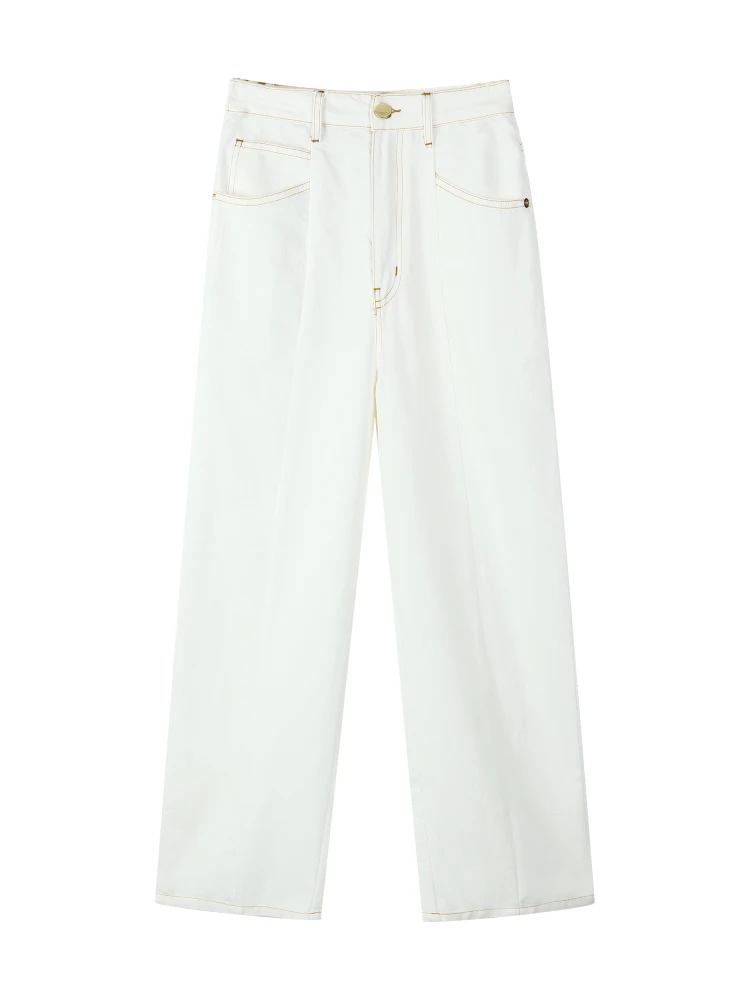 Pantalones Anchos de Verano Chivirin, Cintura Alta, Corte Recto, Textura de Algodón, Color Blanco, Efecto Adelgazante, para Mujer
