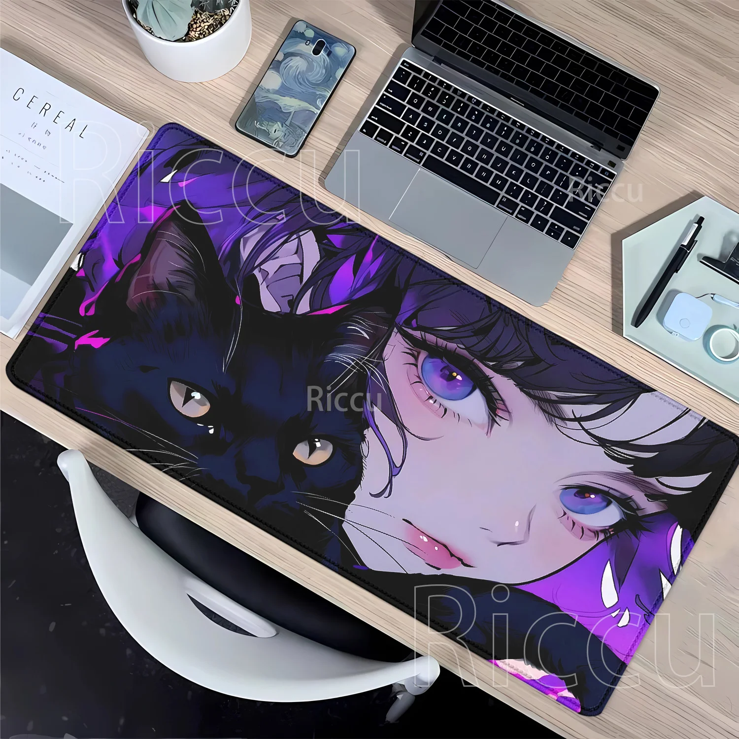 Gaming-Mauspad, schwarze Katze, Mädchen, XXL, Bürozubehör, Gamer-Tastatur, Schreibtischunterlage, rutschfestes Laptop-Gummi, Kawaii-Overlock-Mauspad