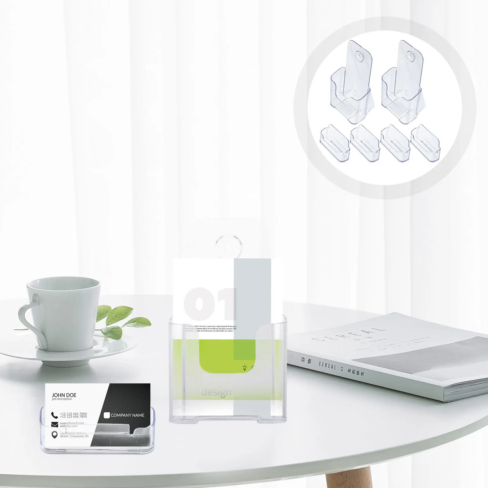 منظم سطح المكتب من الأكريليك الشفاف لبطاقات العمل وكتيبات الملفات وحامل اسم صندوق تخزين الرف