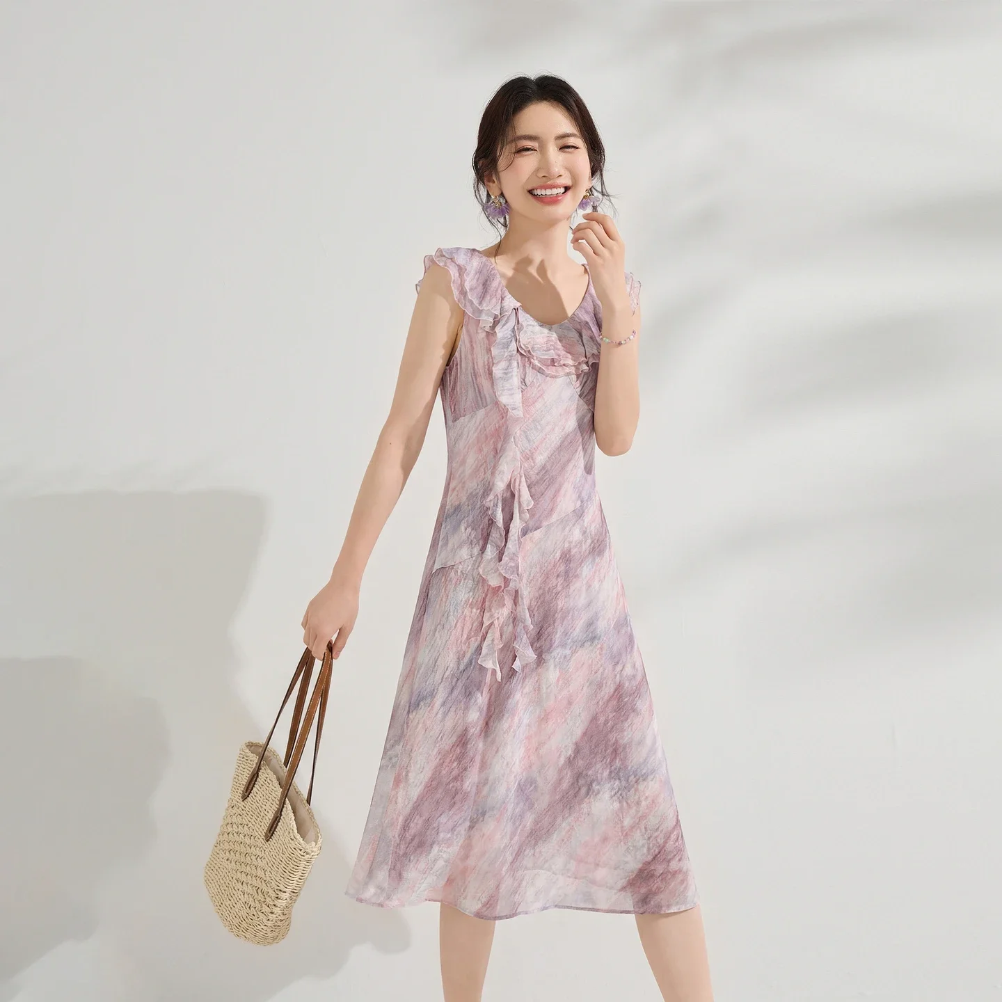 SENTUBILA Women's Long Dress 2026 Elegant Double Layer Ruffle Gradient U Neck Fitted Waist A Line Summer Dress Ladies 162LI7065