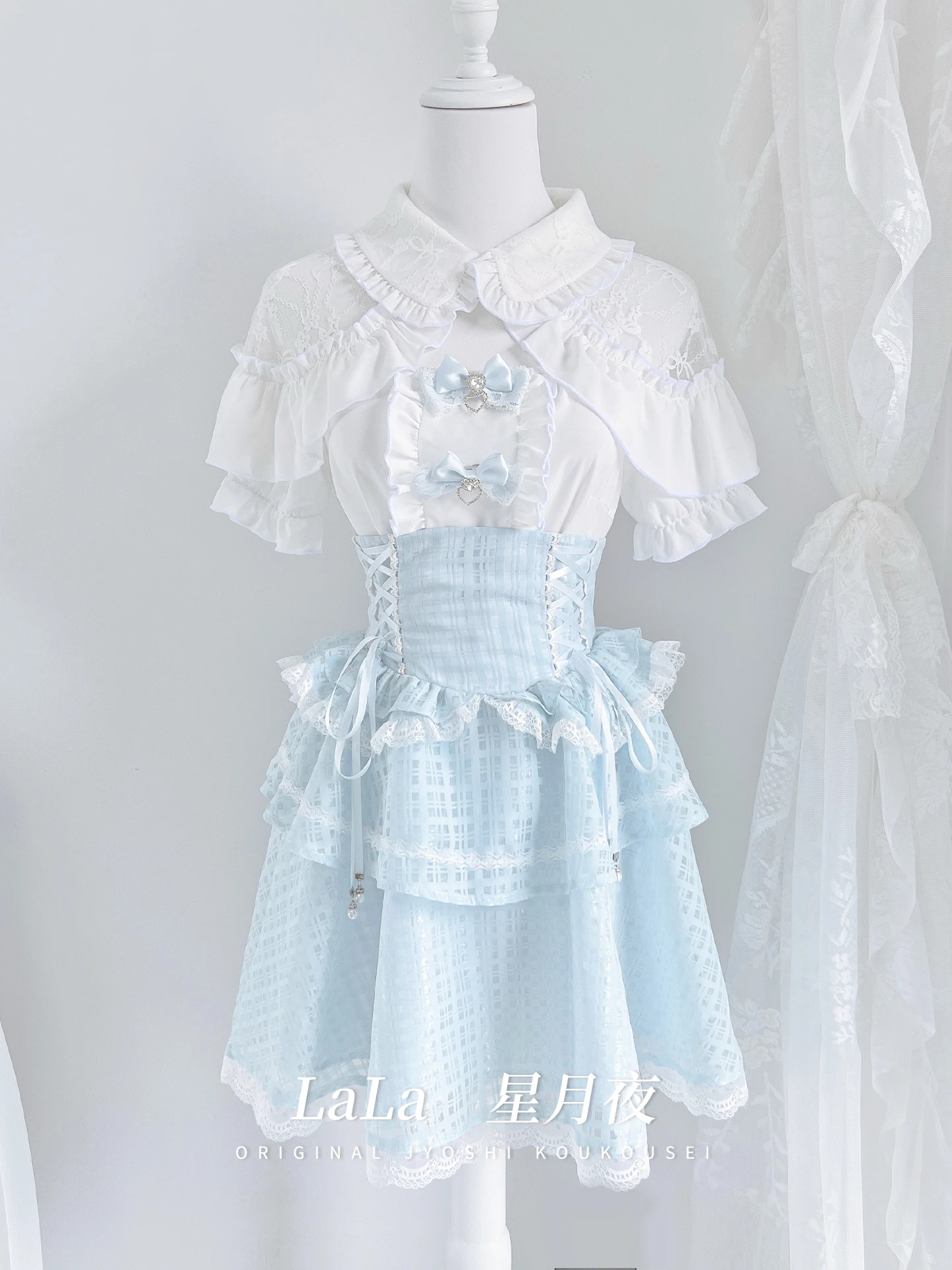 Design original chão bud menina renda camisa de manga curta saia de cintura conjunto de duas peças estilo acadêmico camisas brancas saia plissada terno