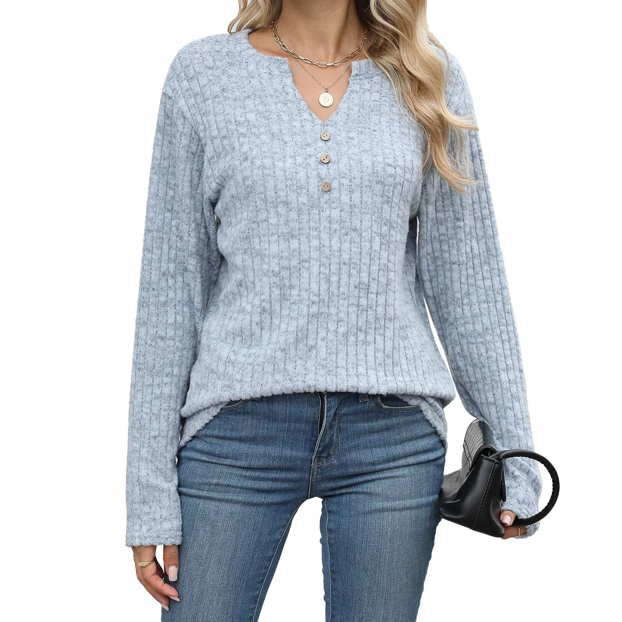 تي شيرت نسائي فضفاض طويل Sve بياقة على شكل V وزر Cleanfit Sle للسيدات مجموعة شتوية أنيقة لون نقي على شكل حرف a Sve