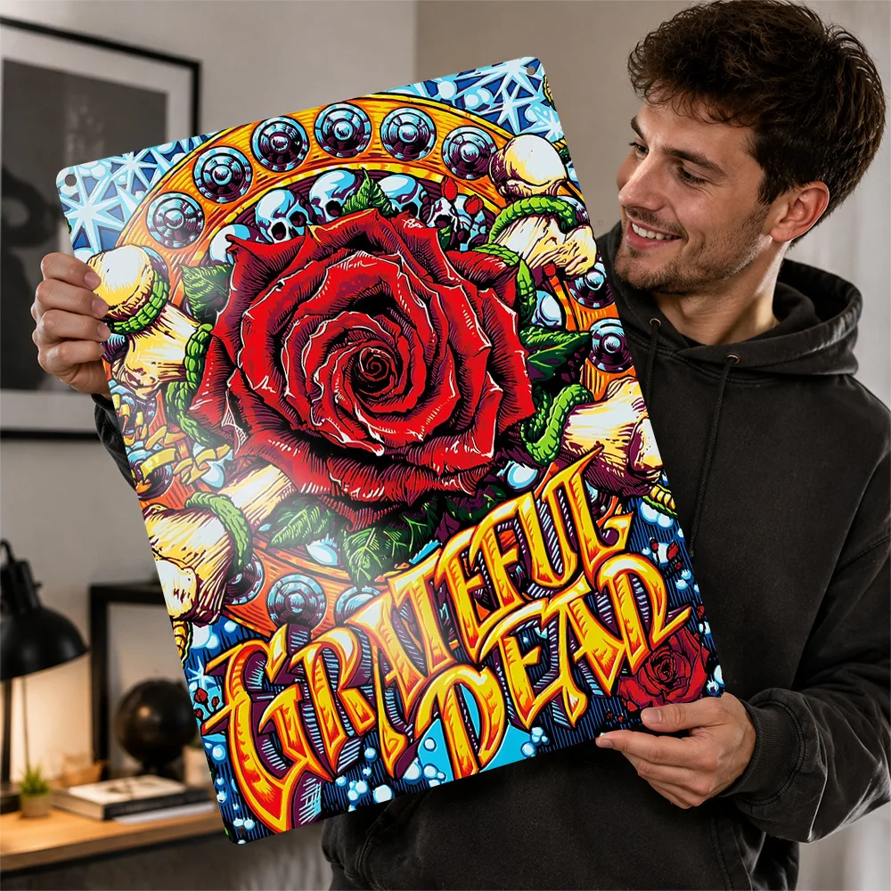 Grateful Dead Roses And Skulls Printed Poster Illustrated Wall Art For Music Studio Customized Aluminum Metal Sign Band Fan Gift