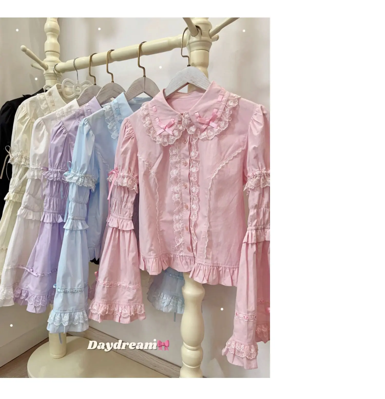 

Blouses Sweet Tops Vintage Victorian Kawaii Lolita Shirts Women Gothic Lace Ruffles Rose Peter Pan Collar Removable Long Sleeve