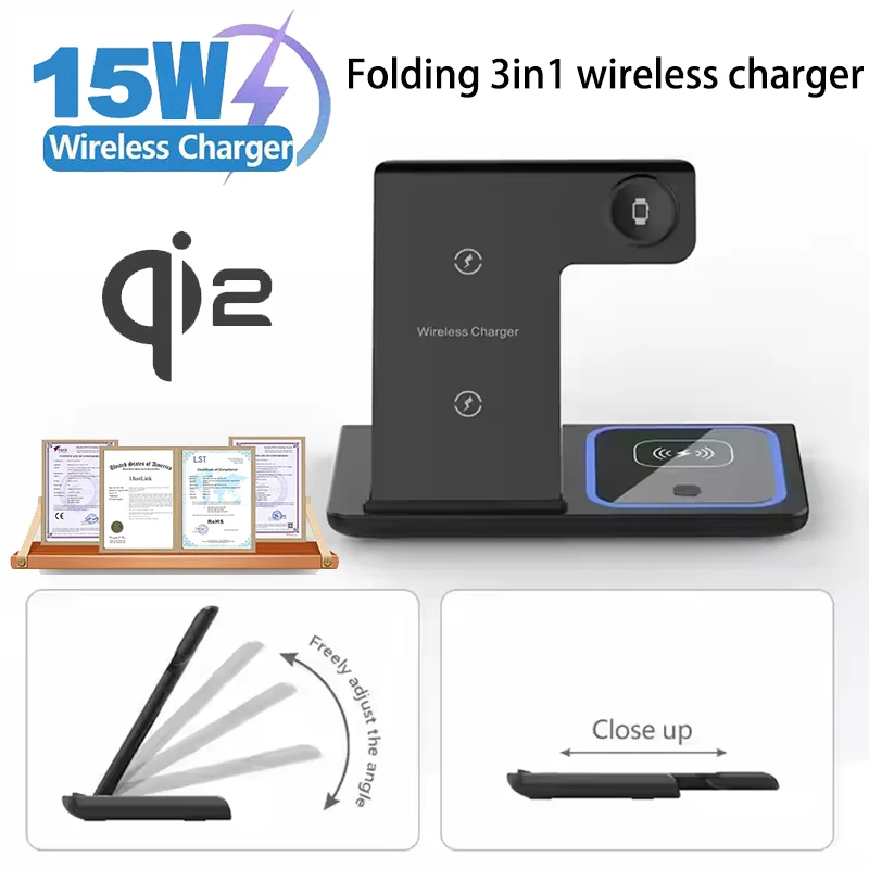 3 in 1 Fast Charging Station for iPhone 17 16 15 14 13 Folding Wireless Charger Stand for Apple Watch 10 9 8 7 6 5 4 Airpods