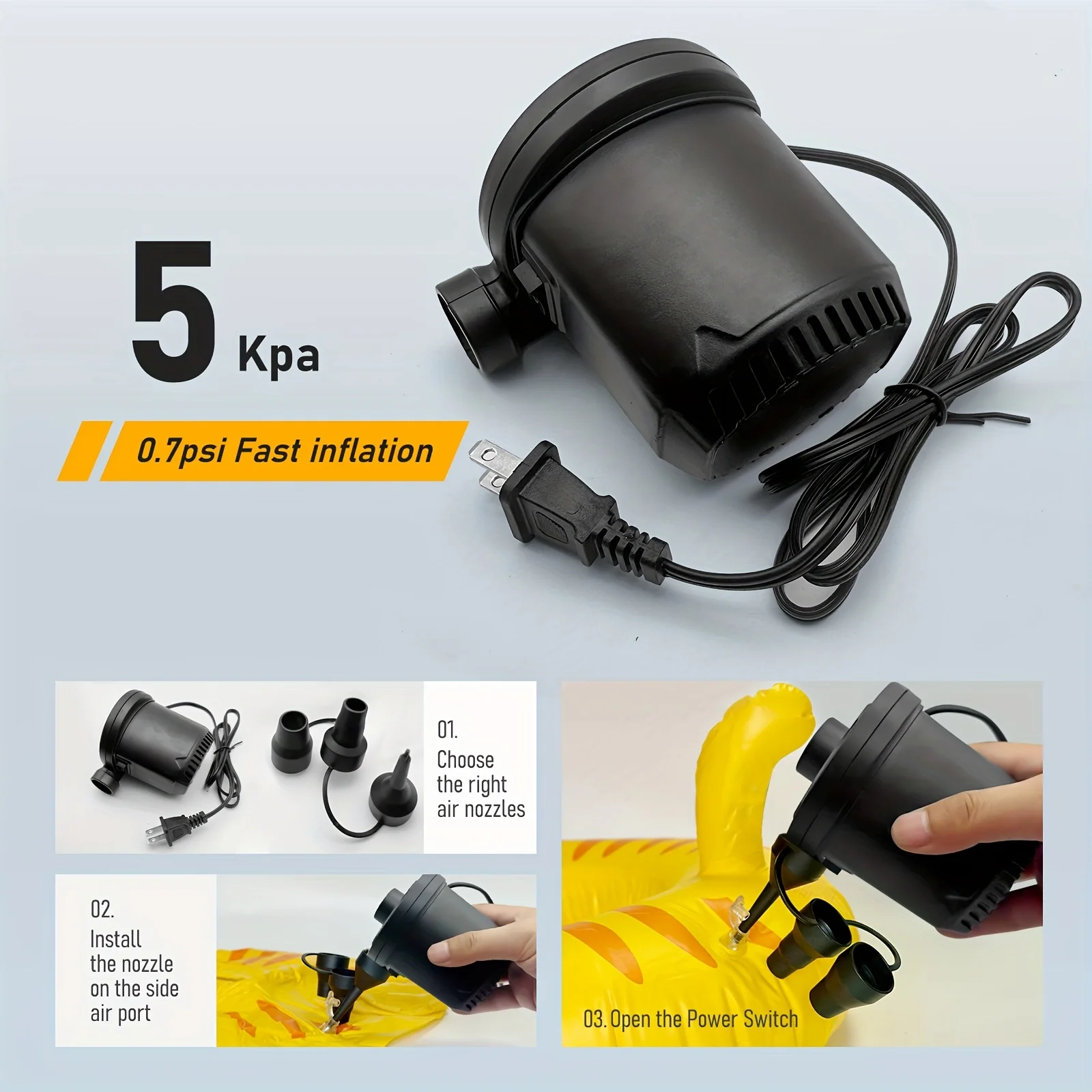 

Quick Fill Electric Air Pump for Pool Inflatable, 3 Nozzles, Air Mattress Pump inflator for Swimming Ring for Outdoor Camping