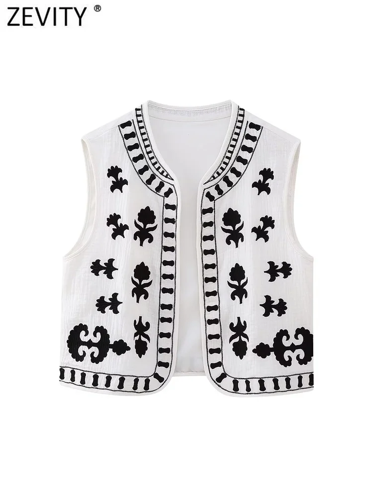 

Zevity Women Vintage O Neck Black Flower Embroidery Cardigan Short Vest Jacket Office Lady Sleeveless Slim WaistCoat Tops CT4748