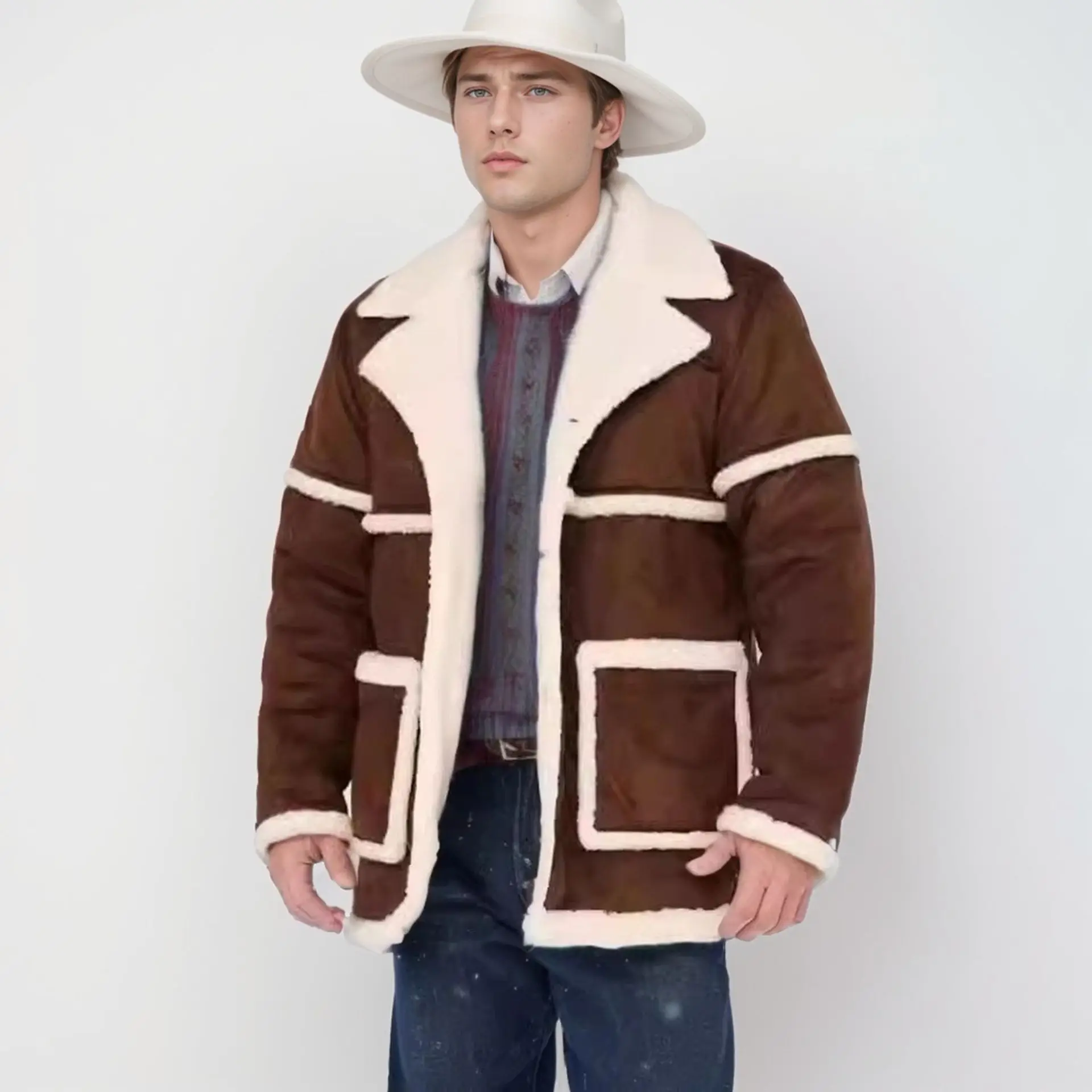 

Men's Fleece Jacket 2024 Autumn And Winter Thickened Pocket Wind Lapel Imitation Fur Integrated Men's