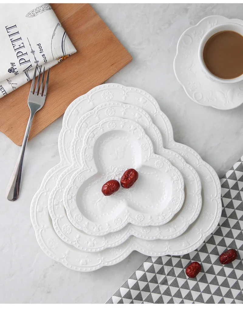 3pcs Set, Plain White Embossed Porcelain Wedding Buffet Dishes, Design Breakfast Plate, Ceramic Dinner Plates Set Gift