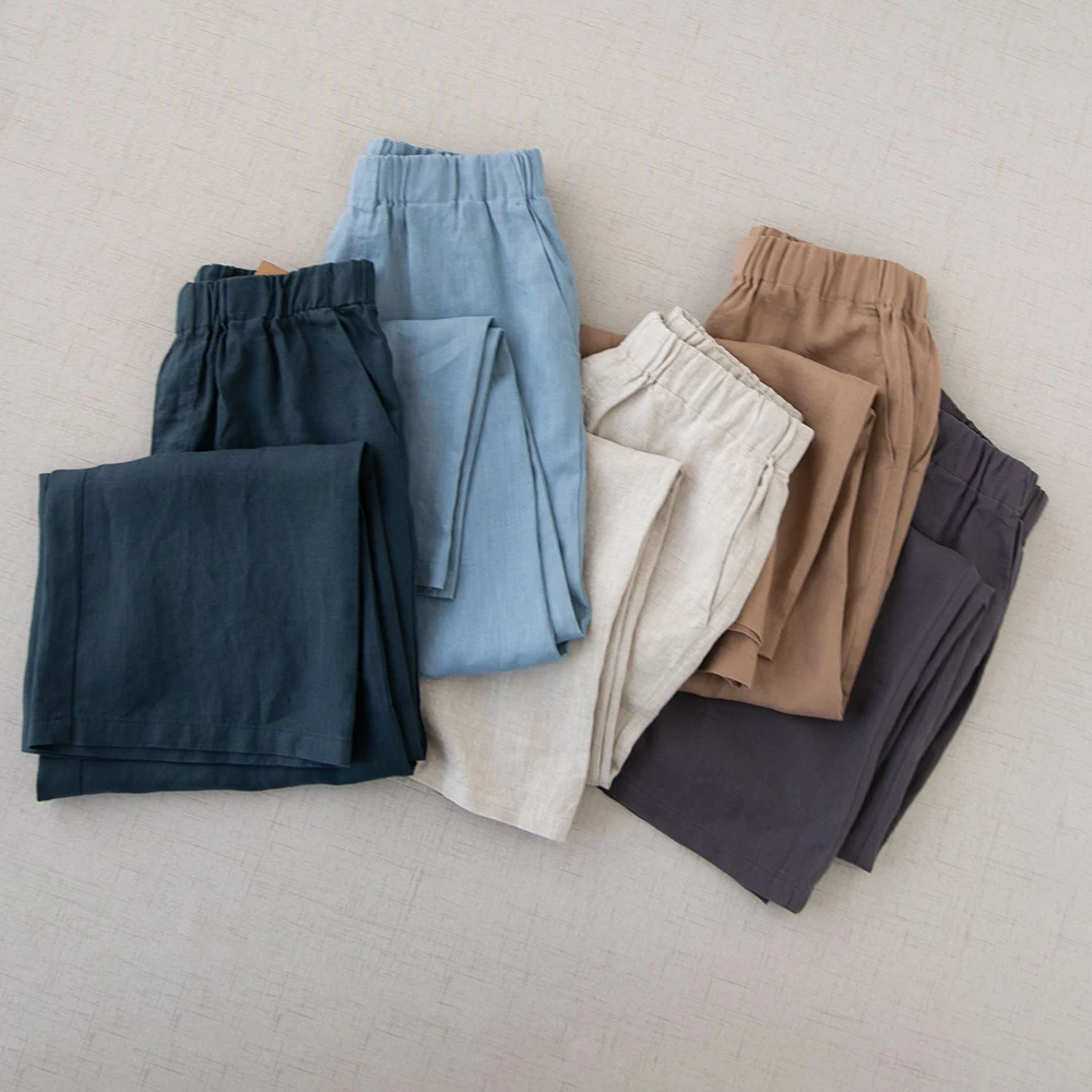 Spring Summer Women Loose All-match Japan Style Comfortable Natural 14*14 Linen Trousers Elastic Waist Straight Pants