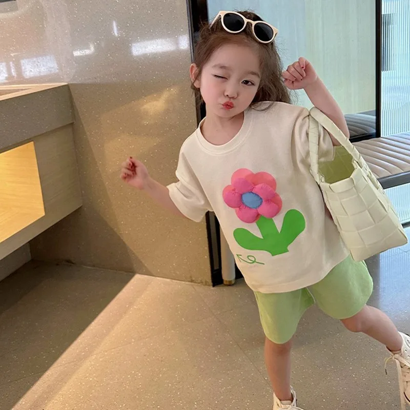 Girls 3D Flower Set Summer Green Fashion Children Suit 2-8 Years Old Casual Shorts Short Sleeved Sports Two-piece Set