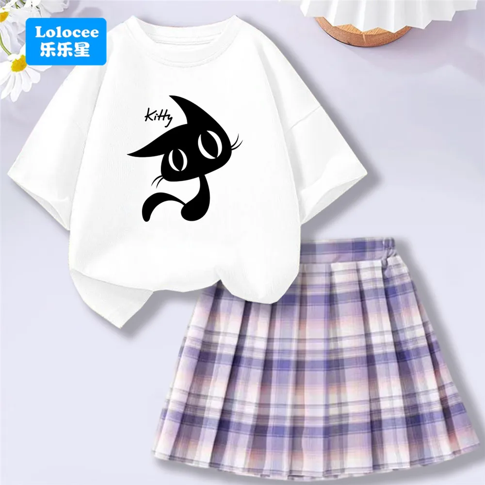2025 New Cute Girls' 2Pcs Set Cotton Outfit Black Kitty Print Short Sleeve Top And Plaid Pleated Skirt Outfits Set MHM1