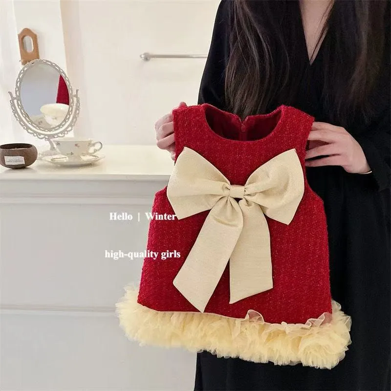 

Girl's Red Vest Dress Baby Girl's Christmas Dress One Year Old Birthday Dress Autumn and Winter Velvet Dress