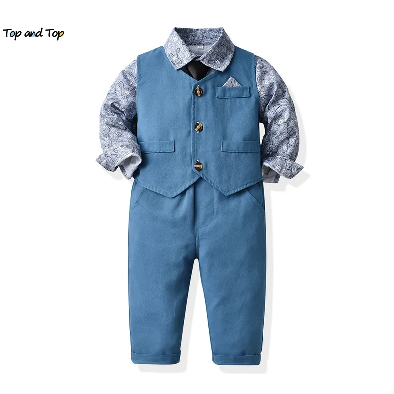 top and top Fashion Autumn Winter Kids Boys Gentleman Clothing Sets Long Sleeve Print Bowtie Shirt+Vest+Pants Boy Casual Outfits