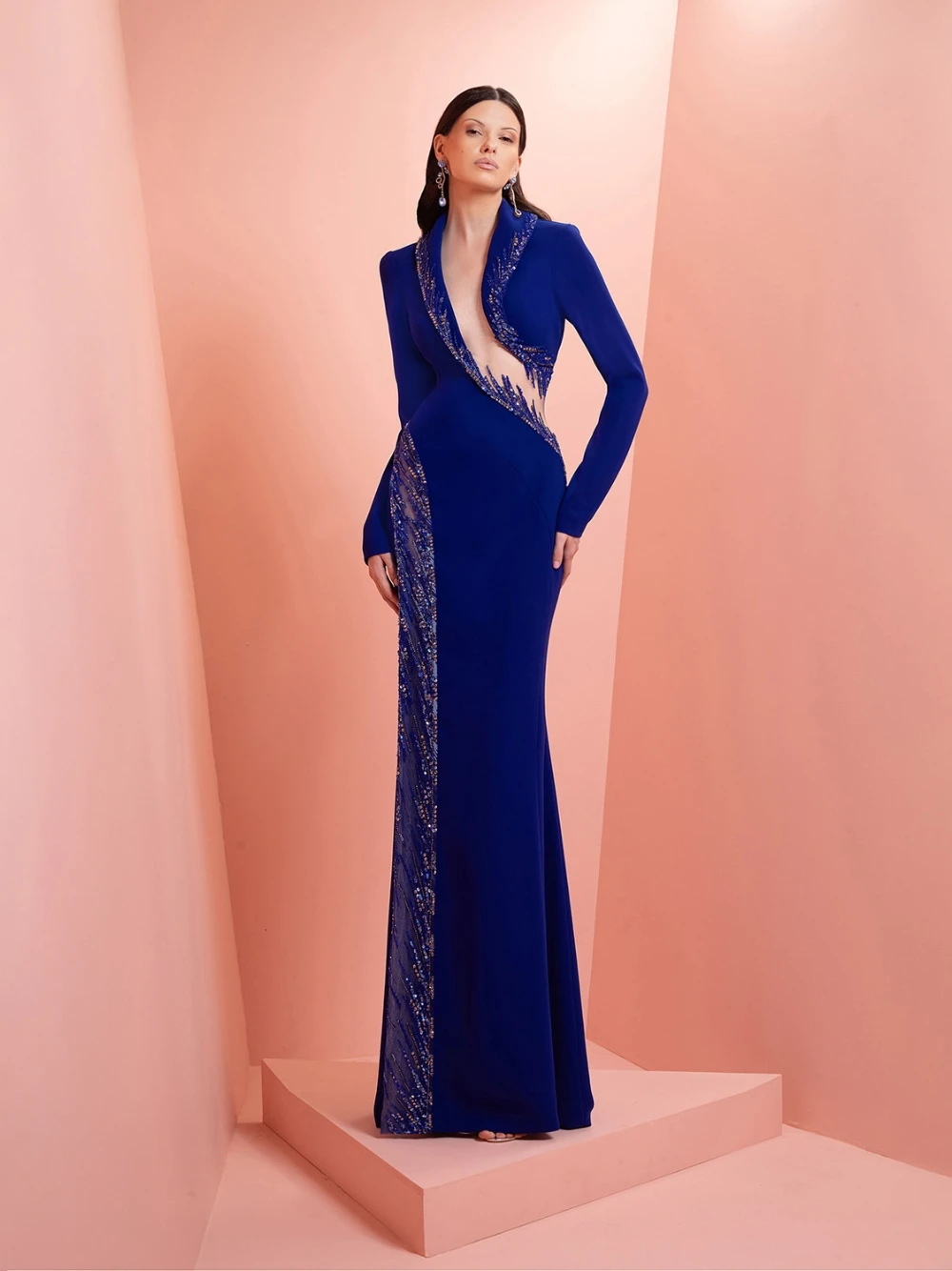 Chique azul real formal vestido de baile com miçangas intrincadas sedutor corte sexy manga comprida sereia festa brilhante vestido de noite