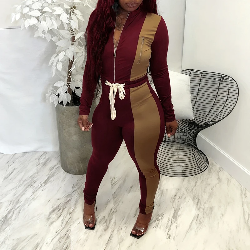 

OMSJ, новый облегающий повседневный уличный костюм контрастного цвета из 2 предметов для женщин, топы на молнии с длинными рукавами и воротником-стойкой + брюки на шнурке