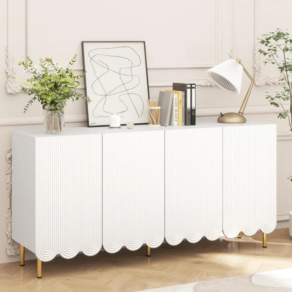 

Buffet Cabinet with Storage, 63'' White Sideboard Cabinet Fluted Credenza Storage Cabinet, Buffet Table with 4 Doors , Office