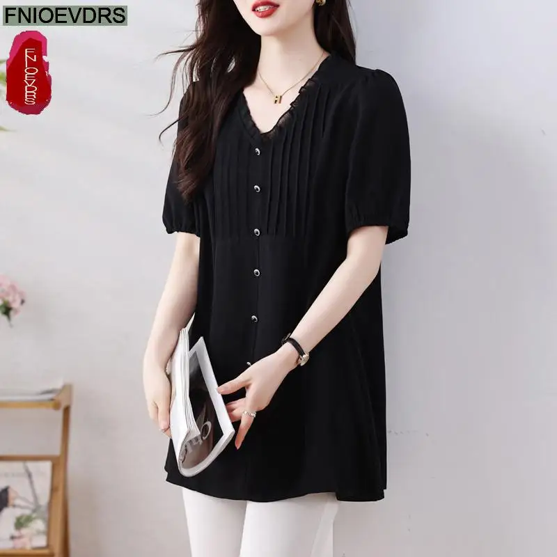 Hot Loose Clothes 2024 Women European Fashion Elegant Black Shirt Ruffles Casual Tunic Belly Peplum Tops And Blouses