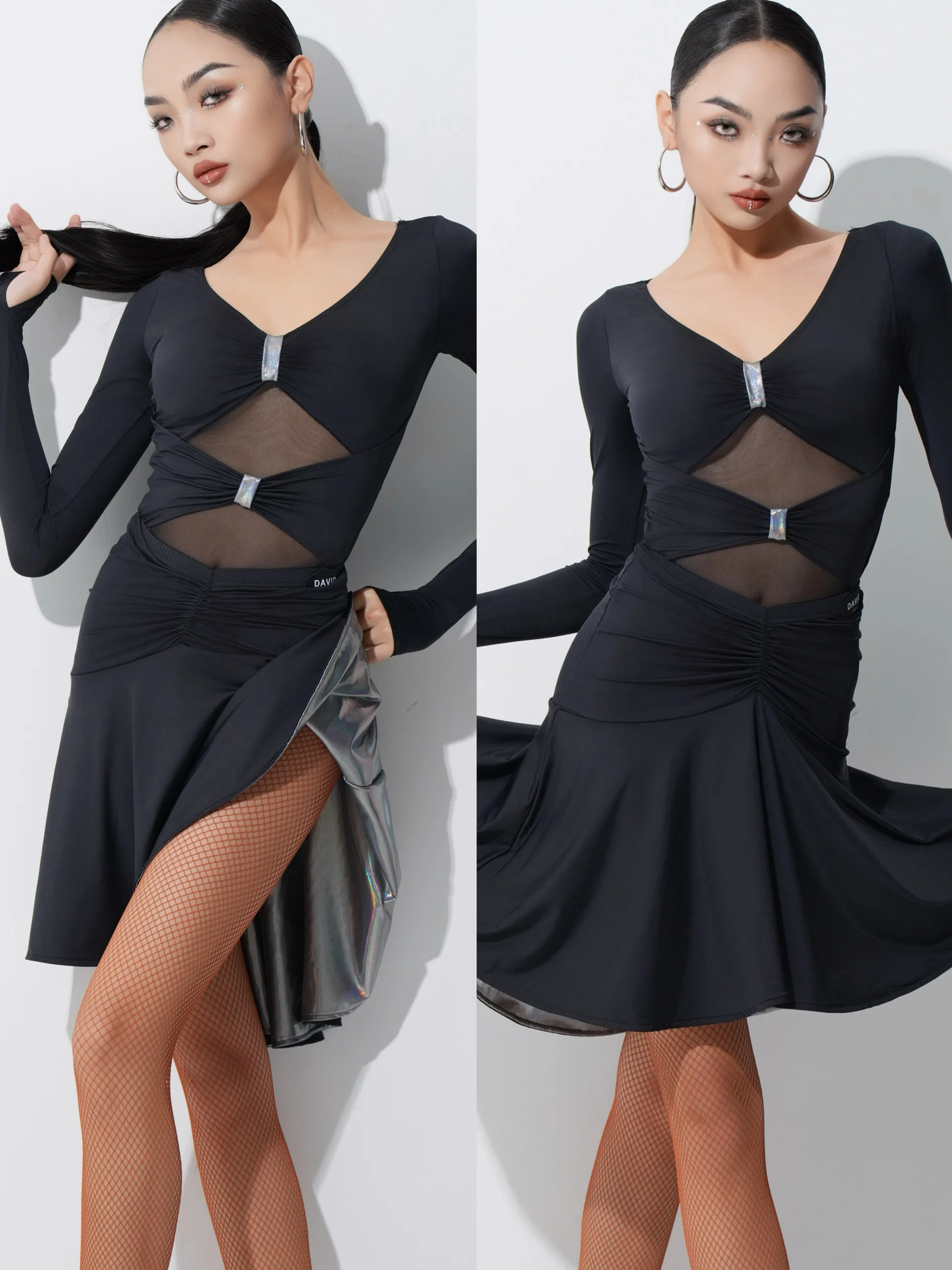 UK Latin danspakken Professionele volledige uitlopende rokset met lange mouwen, ballroomtraining en prestatiekostuum