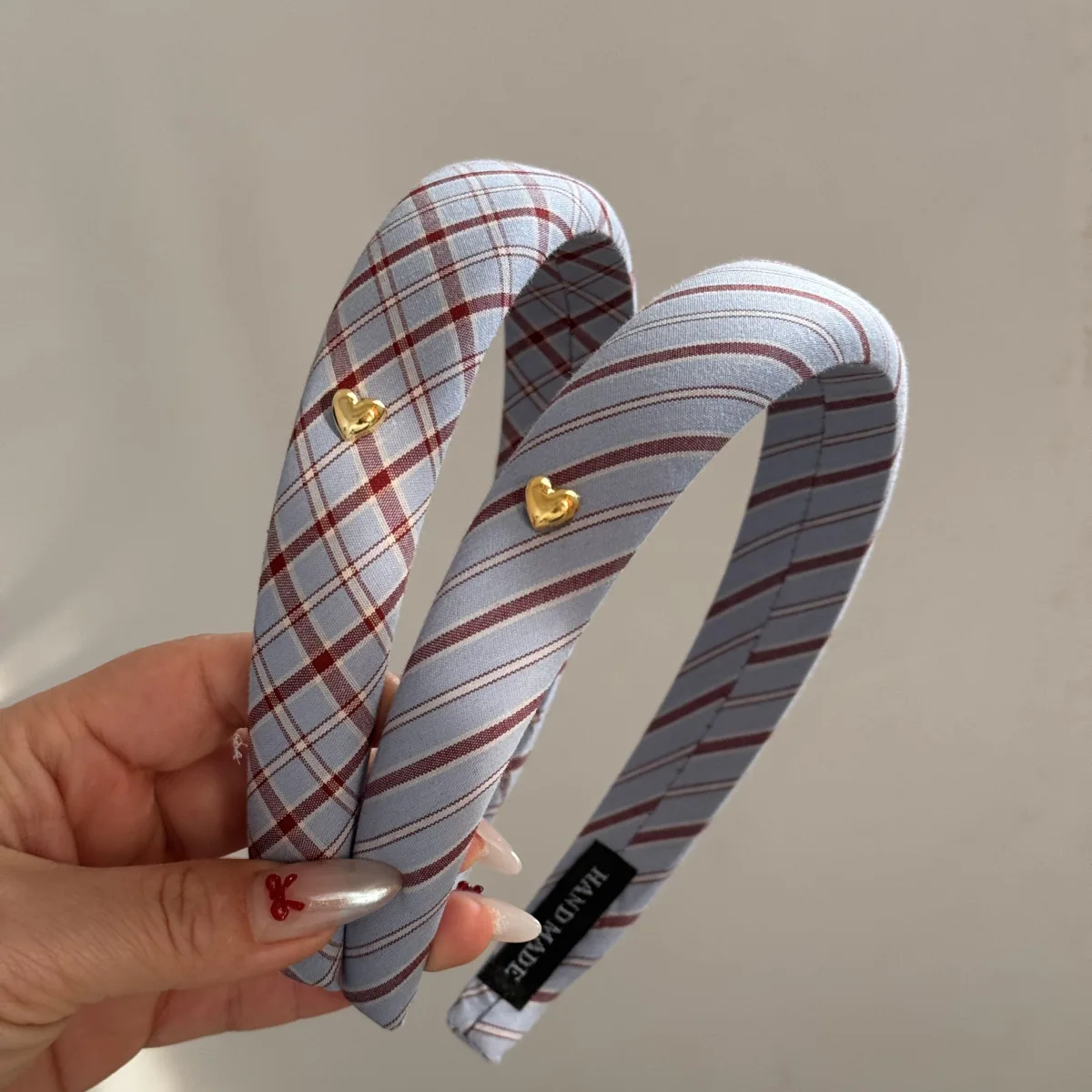 Headband Blue Plaid Gold Heart Fabric Secure Fit Elegant Retro Sweet High Crown Hair Accessory for Women Daily Office Party