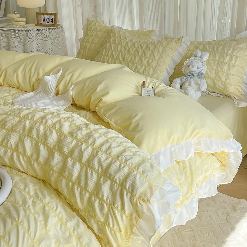 Bubble Cotton Summer Bedding Sets with Lace Super Soft Smooth Solid Comforter Cover Set Cooling Feel Breathable Fitted Sheet Kit