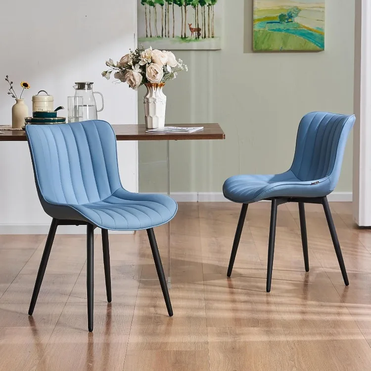 Blue Dining Chairs Set of 2 Mid-Century Modern Kitchen & Dining Chairs Faux Leather Upholstered Accent Chair Armless Guest