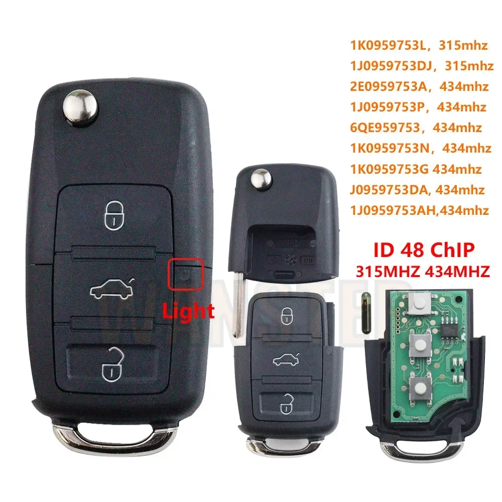 3 Bottons 434/315 Mhz ID48 Chip Car Key Fob Remote for Volkswagen/Vw Tiguan PASSAT Polo Golf MK4 Beetle for Skoda Octavia Seat