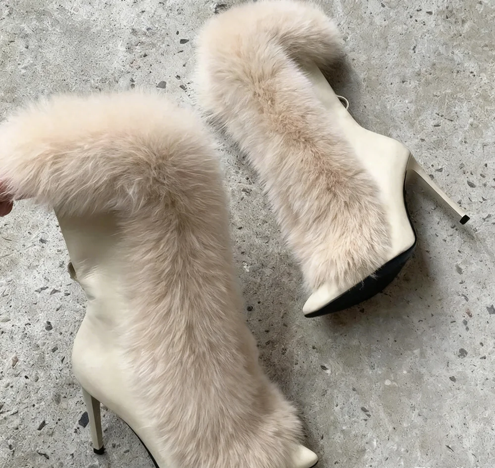 

Beige Faux Leather Pointed-Toe Ankle Boots Soft Plush Fluffy Trim Stiletto Heel Lace-Up Design Luxe Winter Casual Fashion Boots