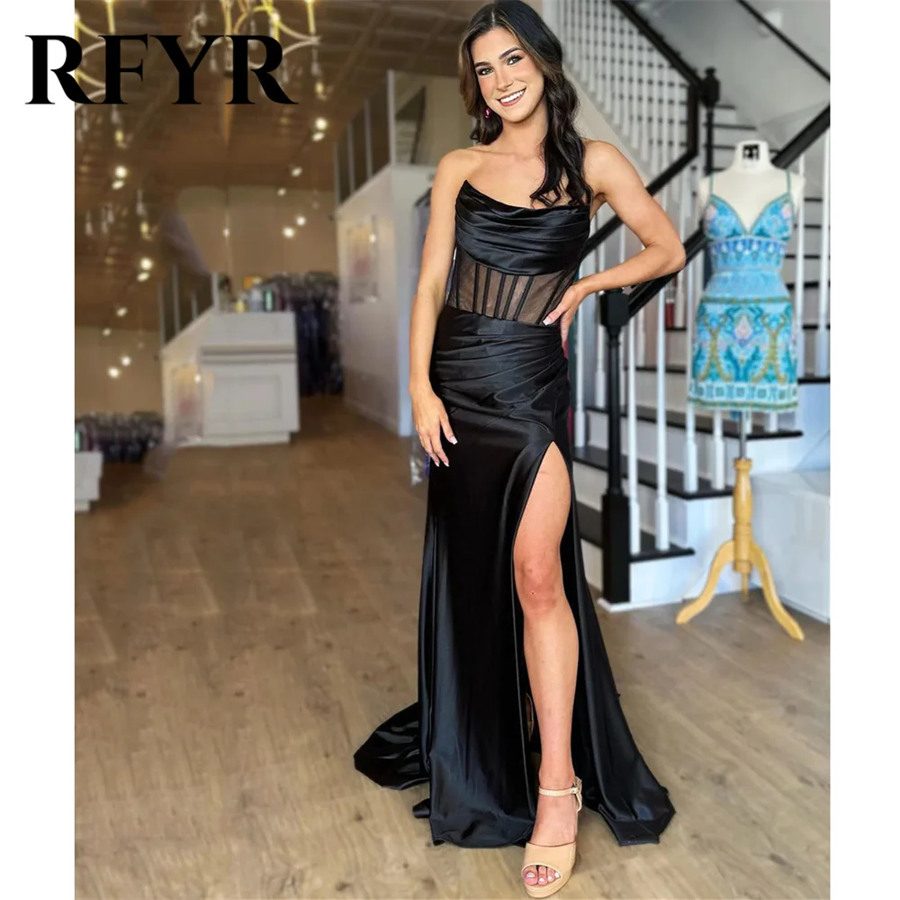 

RFYR Black Prom Dress Strapless Mermaid Evening Dresses With Sheer Corset Ruched Party Dress Sexy Side High Split فستان سهرة