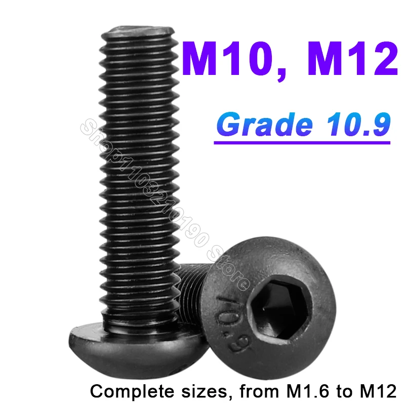 1-5Pcs M10 M12 Black Grade 10.9 Steel Hexagon Hex Socket Button Head Cap Screws Half Round Head Allen Furniture Bolts L=16-100mm