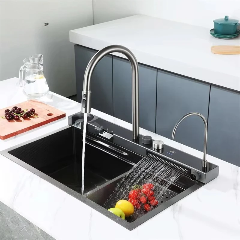 Smart Multifunction  Modern Style Kitchen Sink Nano Black Waterfall Faucet Kitchen Sink