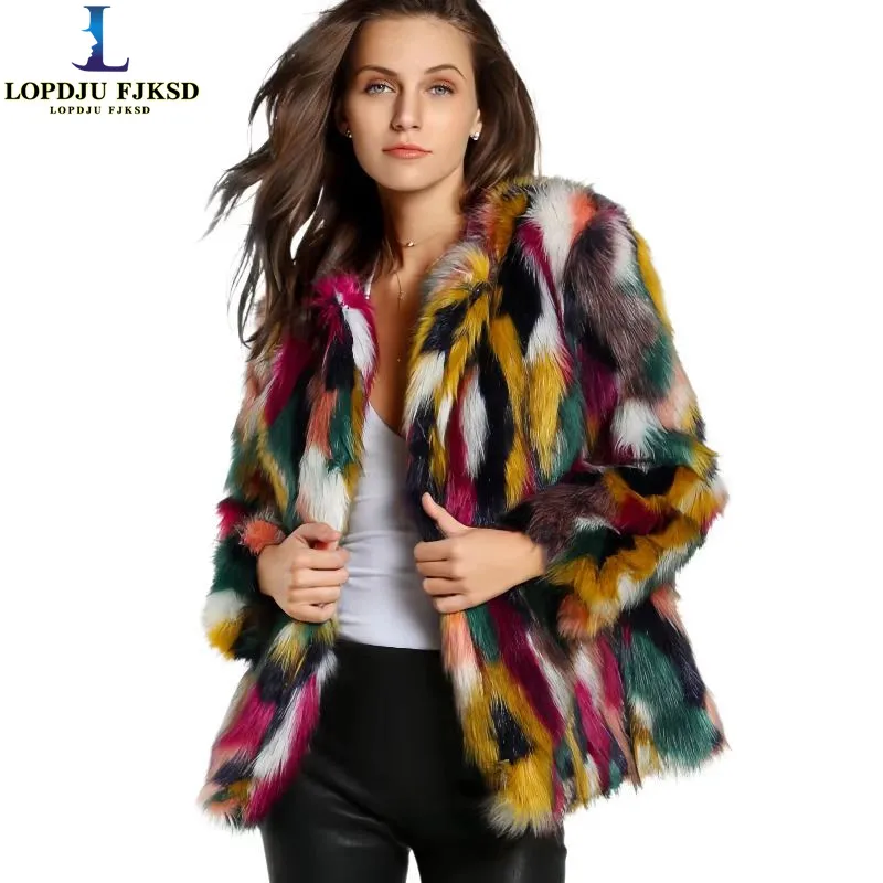 Fashion Contrast Multi color Faux Fur Coat Long Hairy Shaggy Outwear Women 2026 Autumn Winter Short Jacket Coat Tops