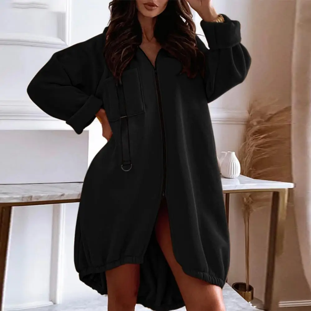 

Polyester Hoodie Cozy Plush Hoodie Coat with Zipper Closure Split Pockets for Fall Winter Plus Size Warm Hooded Jacket for Women