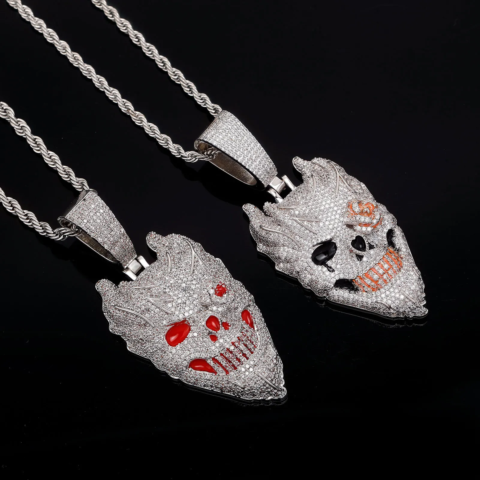 Silver Plated Devil Skull Pendant Necklace Full Iced Zircon Red Orange Enamel Twisted Rope Chain Hip Hop Men Street Jewelry