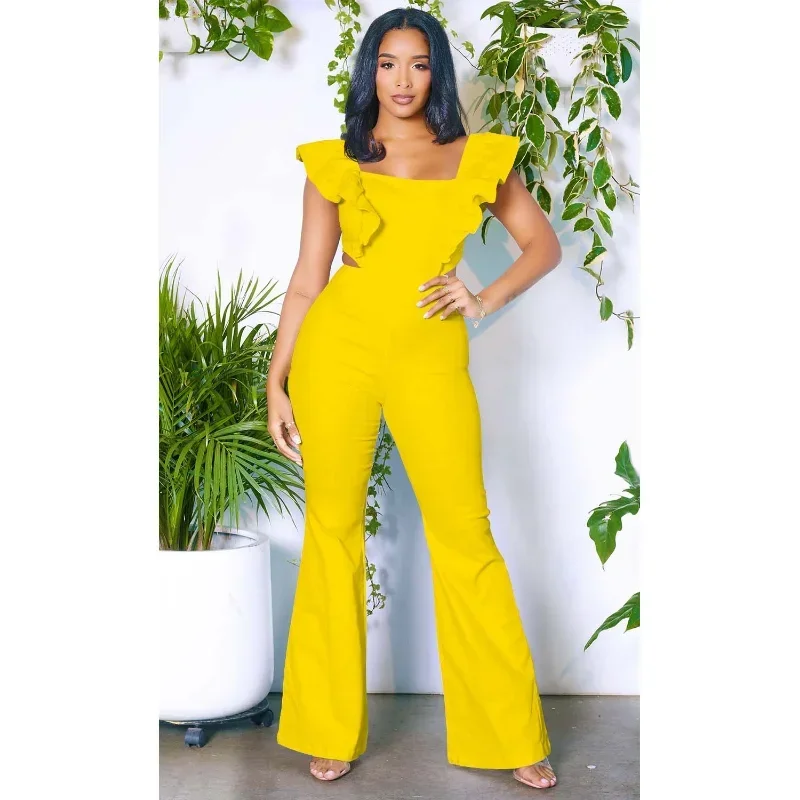 

KEXU Fashion Ruffles Short Sleeve Zipper Fly Cutout Waist Wide Leg Jumpsuit 2024 Street Women Romper One Piece Set Playsuit