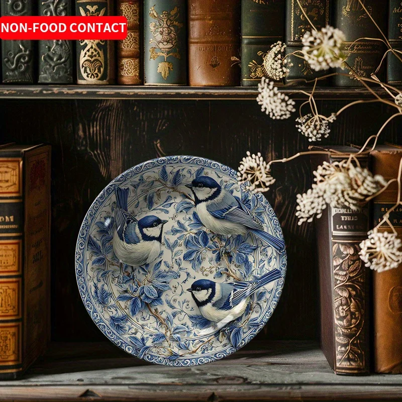 1pc Blue Leaf Pattern Ceramic Decorative Plate Three Birds Theme Home Decoration Living Room Dining Table Art Plate Non-Food