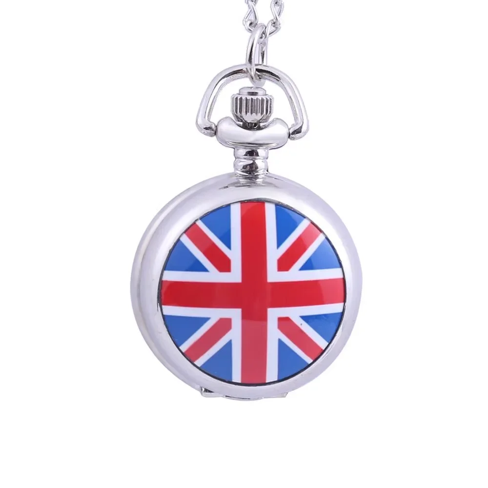 6023Trend retro rice flag pattern silver open cover pocket watch belt chain men and women accessories