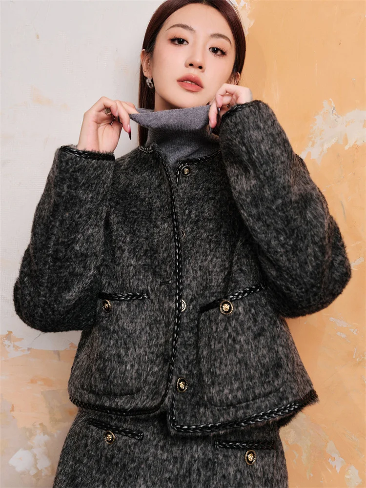 

Костюм-двойка Chill Zoe: пальто с круглым вырезом и юбка с эластичной талией, для офиса, из смесовой ткани (полиэстер/шерсть), с длинными рукавами