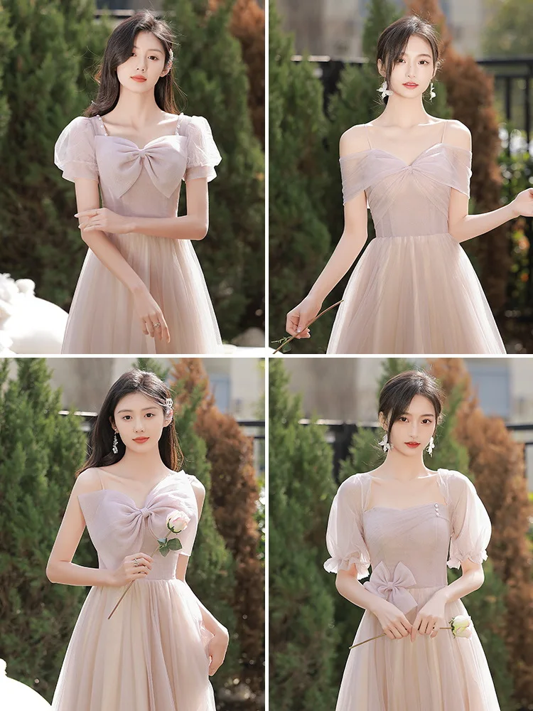 Sweet Pink Bridesmaid Dress 4 Styles Off Shoulder Bow Evening Dresses Classic Tulle Elegant Lace up Wedding Female Guest Gown