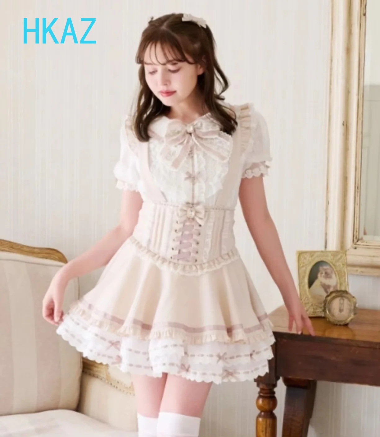 Lolita Strap Mini Skirt Japanese Sweet Kawaii Cute Girl High Waist Bow Lace Short Skirt Layer Cake Detachable Suspender Skirts