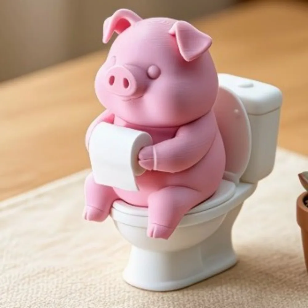 Novelty 3D Printed Pig Figurine Cartoon Plastic Pig Desktop Ornaments Wall Mounted Pig Sitting on Toilet Gift