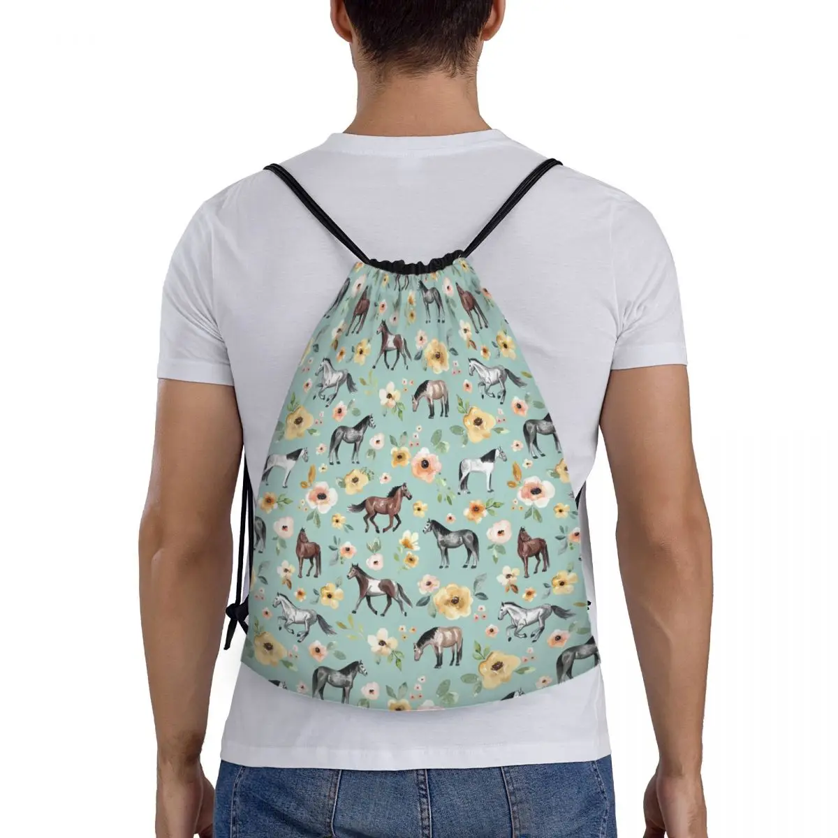 

Horses With Flowers, Sunrise Floral, Blue, Horse Decor Backpacks Portable Drawstring Bags Shoes Bag Book Bags For Travel School