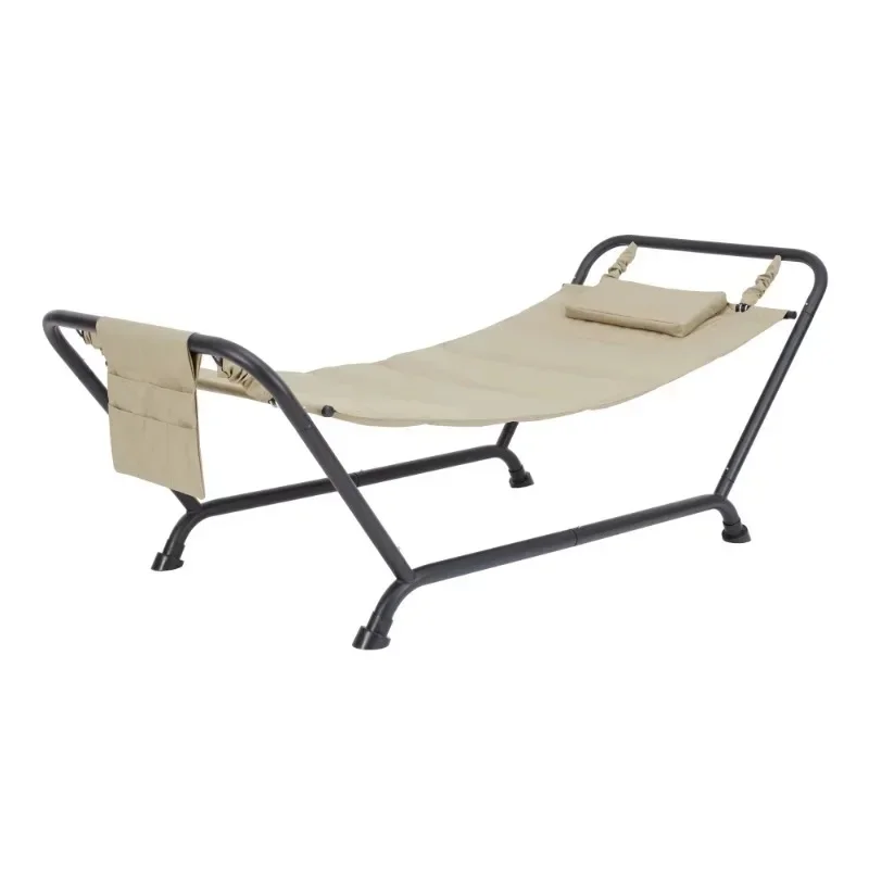 Outdoor Convenient Recliner, Polyester Hammock with Stand and Pillow, Brown 90.55