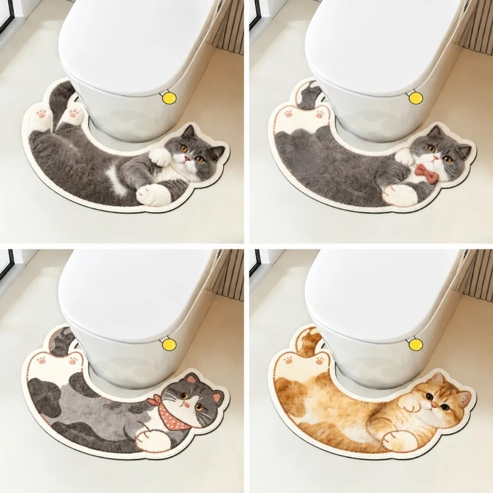 Cartoon Pattern U-Shaped Bathroom Rug Splash Proof Non-Slip Cat Pattern Rug U-Shaped Decorative Floor Mat Bathroom Floor