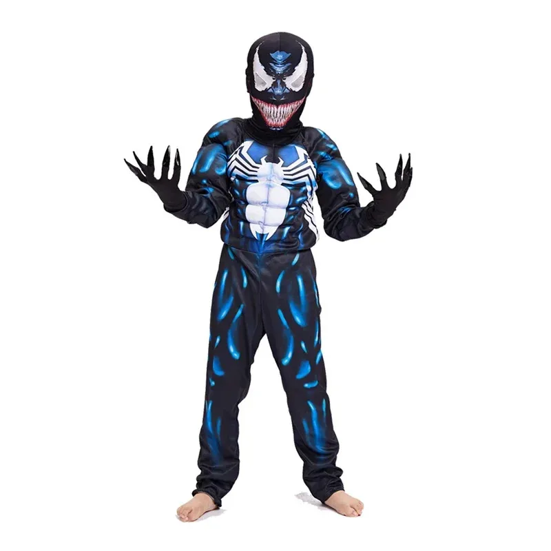 

2025 New Venom Muscle Costume Anime Cosplay Superhero Spider Boy Costumes Kids Boys Party Zentai Jumpsuit Set Halloween Costu AA