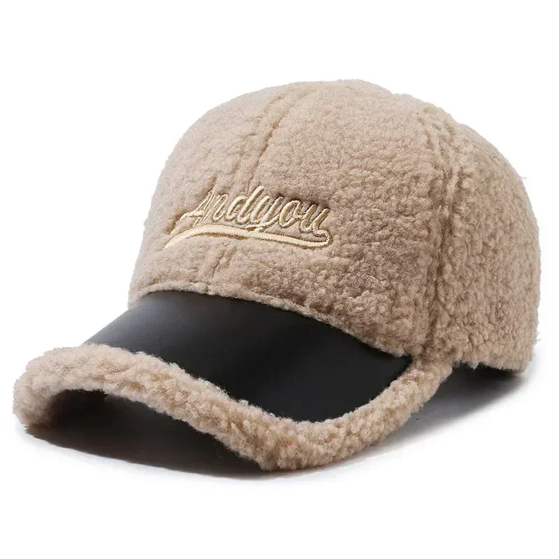 Men Women Lamb Wool Embroidery Letter Baseball Cap Autumn Female Winter Warm Outdoors Fashion Snapback Adjustable Hat Casquette