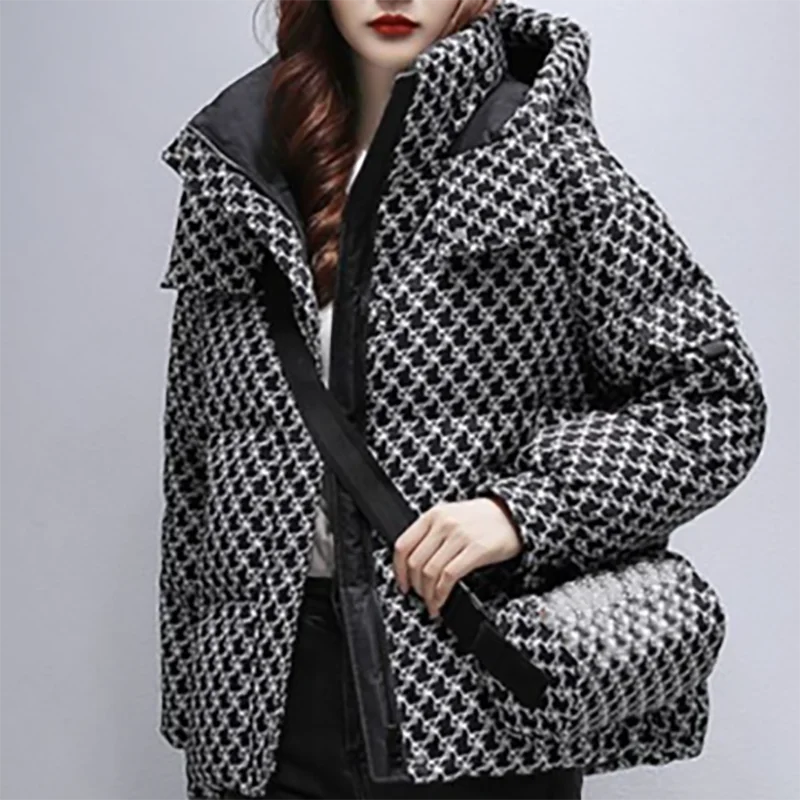 Hooded Print Women Short Bread Coat Winter Korean High Street Vintage Thicken Cotton Jacket Female Fashion Loose Warm Parkas