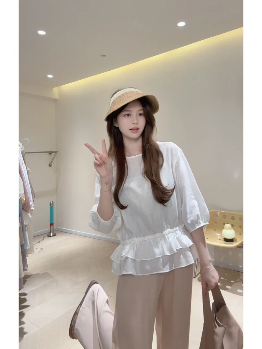 

Korean Sle Dstring Blouse with Lace Hem Loose Fit Svel Women's irt Spring 2025 Faion Le Detail
