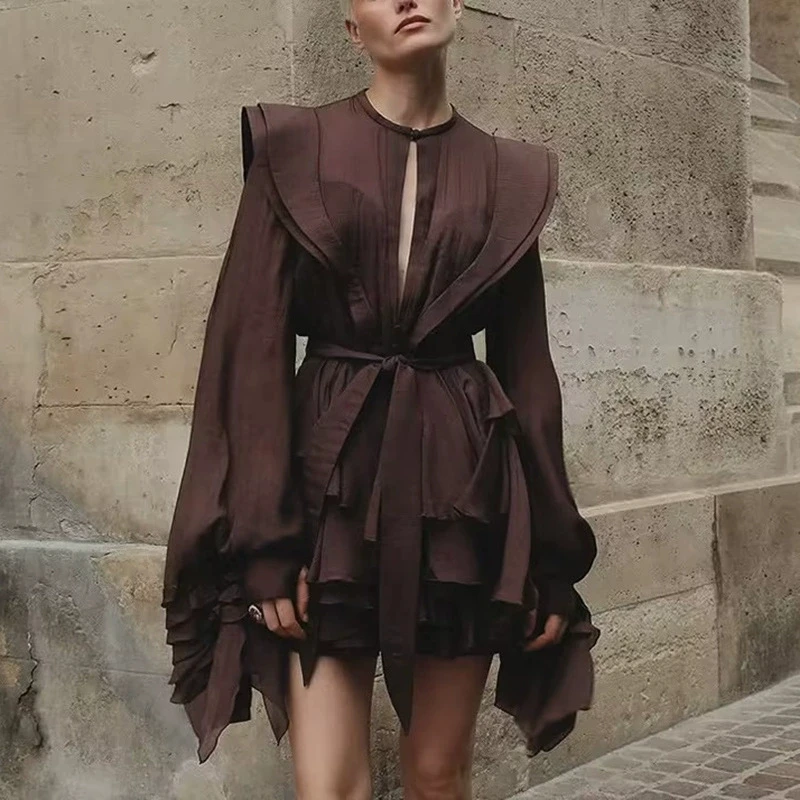 Temperamento elegante socialite mini vestidos femininos cor sólida babados mangas balão irregular em camadas festa vestido curto feminino