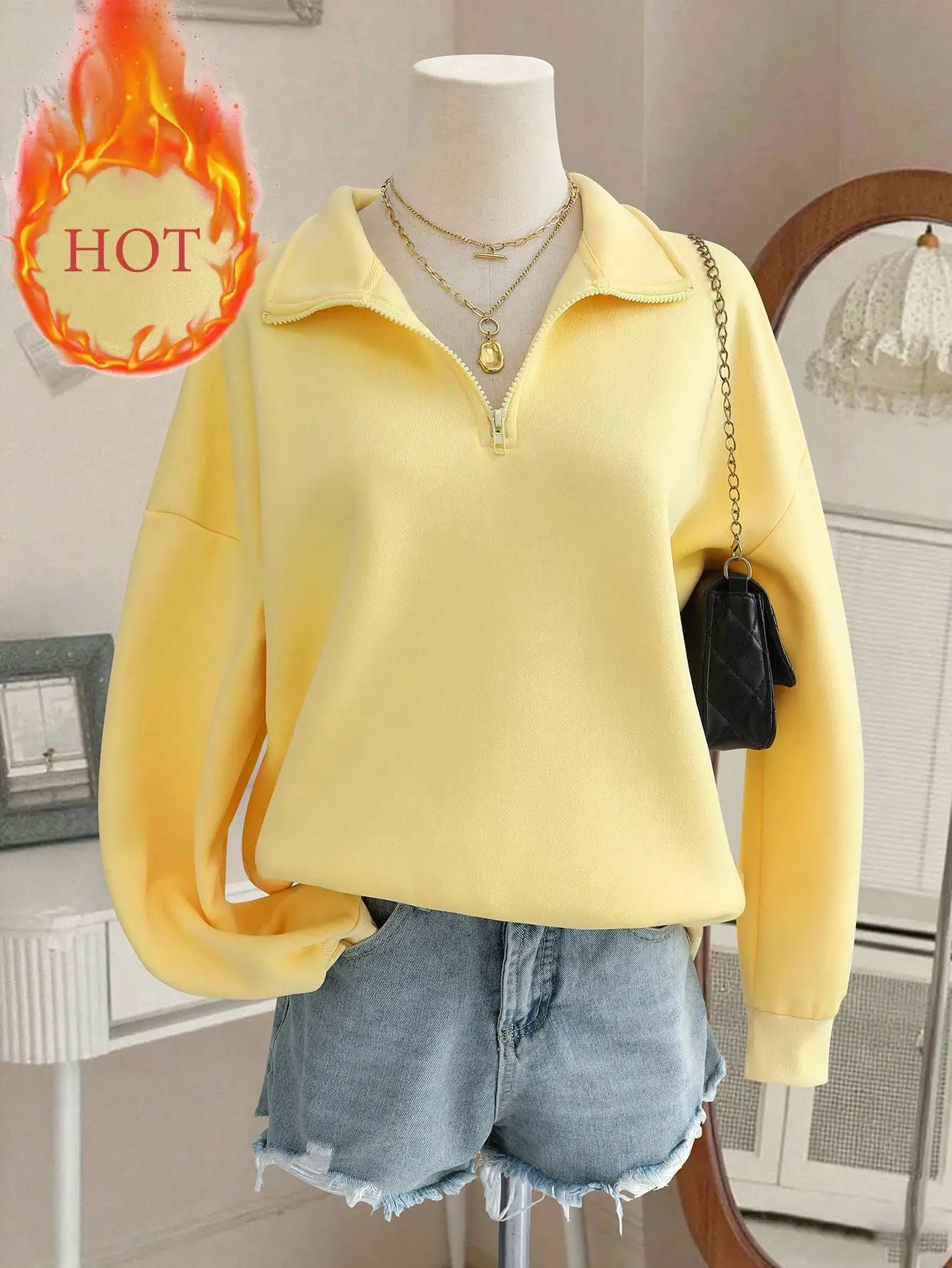 

Yellow Stand Collar Half Zip Sweatshirt for Women, Loose Fit Casual Pullover Top